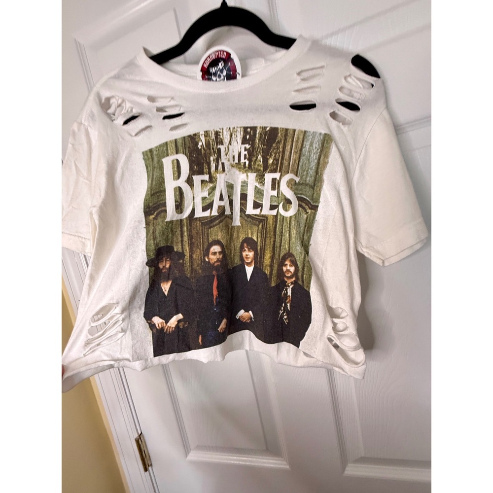 The Beatles Graphic T-Shirt Women Small White Distressed Cropped Band Tee - Picture 2 of 5